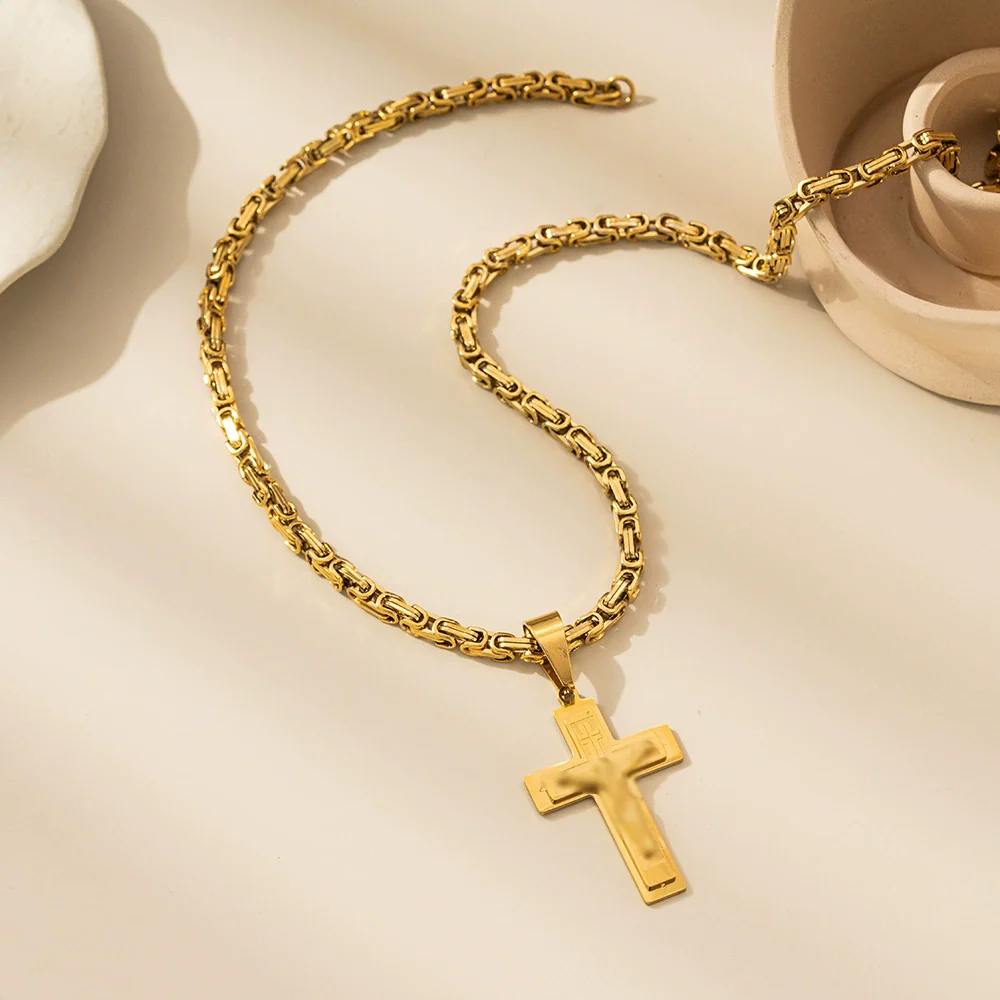 Wholesale Titanium Steel Geometric Cross Pendant Necklace With String Of Pearls Chain For Men Electroplated - Image 2