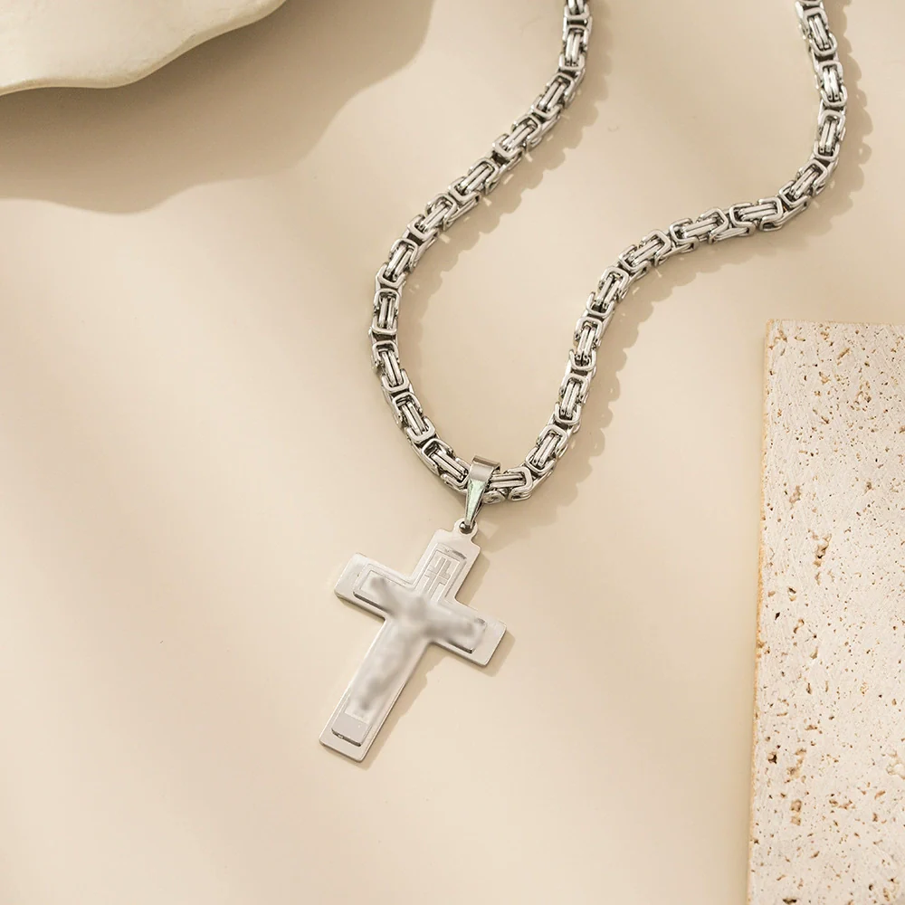 Wholesale Titanium Steel Geometric Cross Pendant Necklace With String Of Pearls Chain For Men Electroplated - Image 6