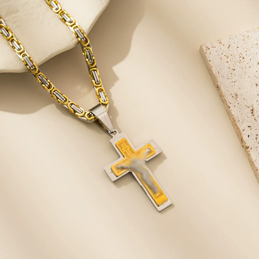 Wholesale Titanium Steel Geometric Cross Pendant Necklace With String Of Pearls Chain For Men Electroplated - Image 7