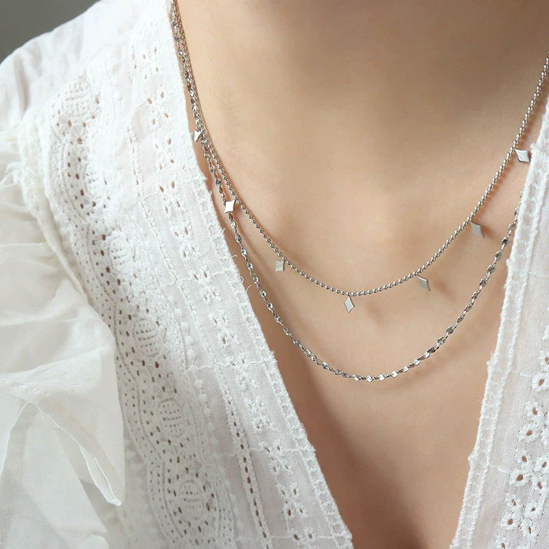 Wholesale Titanium Steel Geometric Diamond Pendant Necklace With Doublelayer Chain And Electroplating Treatment For Women - Image 5