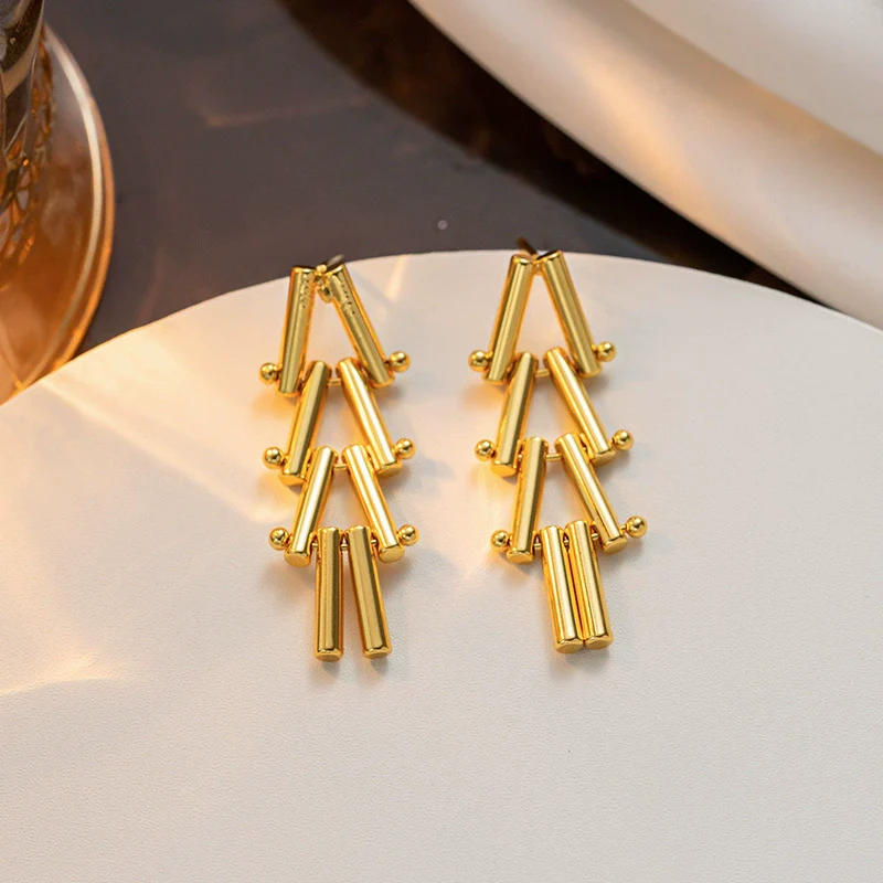 Wholesale Titanium Steel Geometric Electroplated Triangle Cylindrical Stitching Design Women's Earrings - Image 3