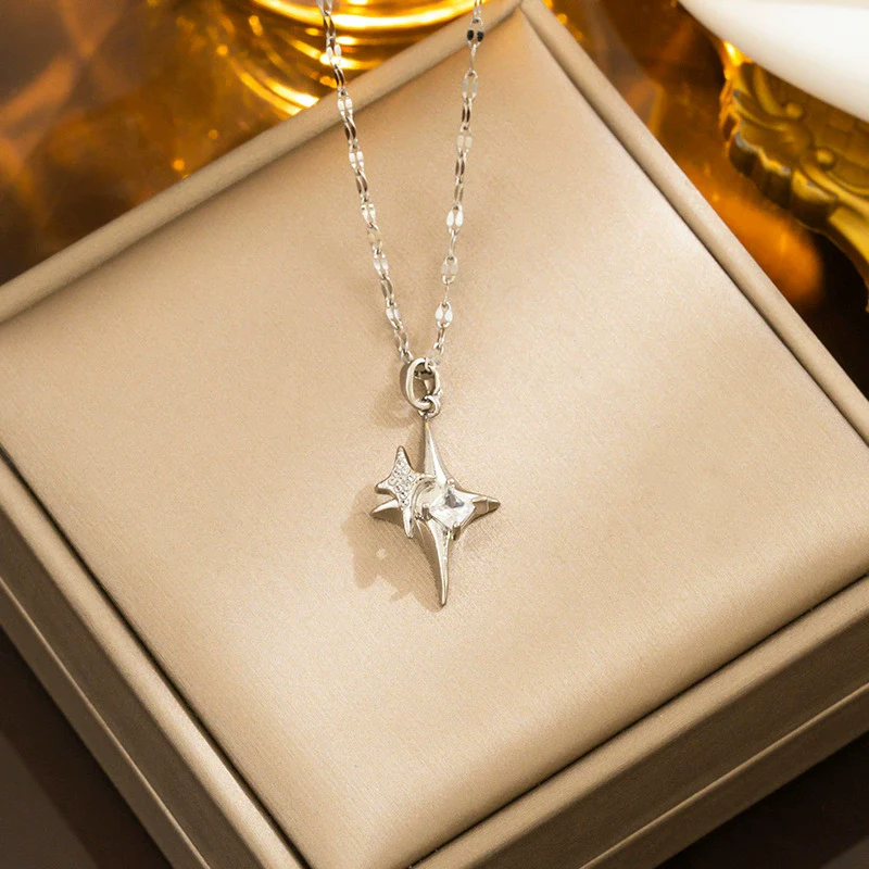 Wholesale Titanium Steel Geometric Fourangle Star Cross Hip Hop Pendant Necklace For Women - Image 2