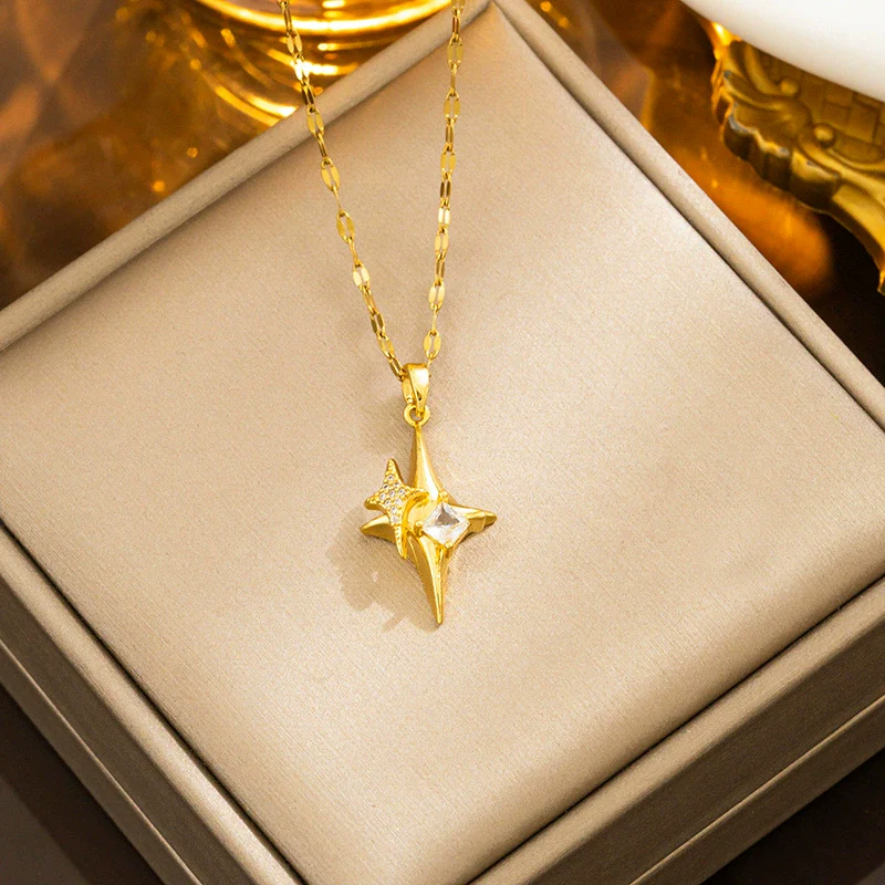 Wholesale Titanium Steel Geometric Fourangle Star Cross Hip Hop Pendant Necklace For Women - Image 3