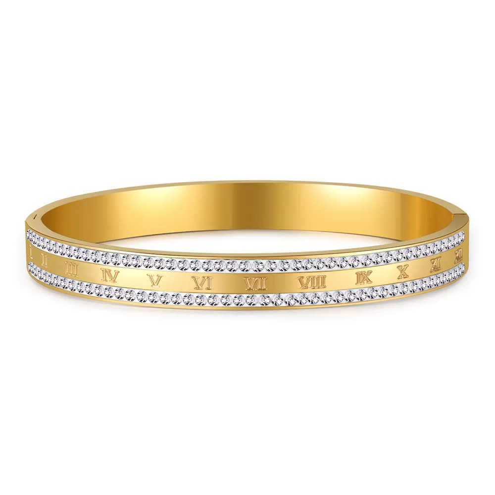 Wholesale Titanium Steel Geometric Open Green Zircon Electroplated Bracelet For Women - Image 22