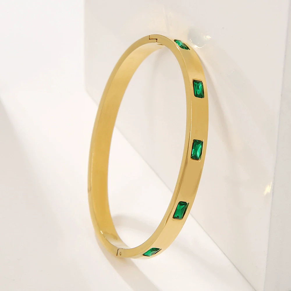 Wholesale Titanium Steel Geometric Open Green Zircon Electroplated Bracelet For Women - Image 4