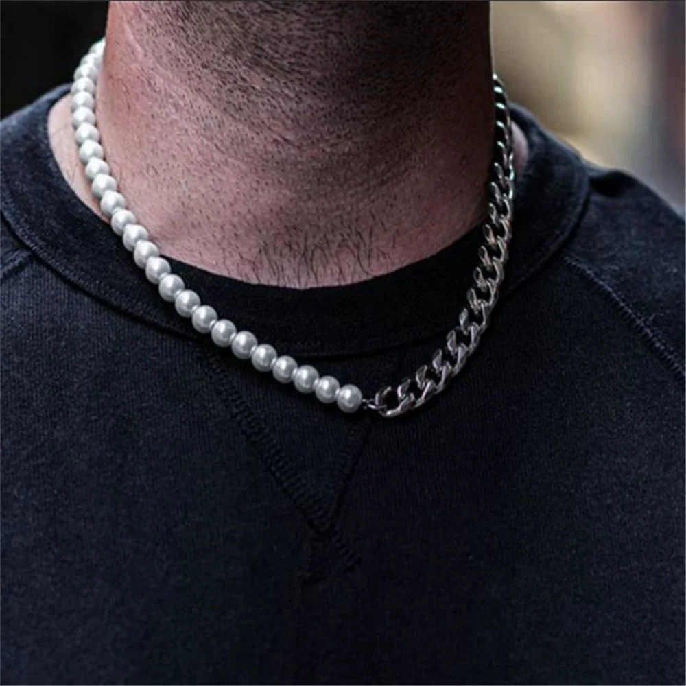 Wholesale Titanium Steel Geometric Pattern Cuban Chain And Pearl Chain Necklace For Men And Women