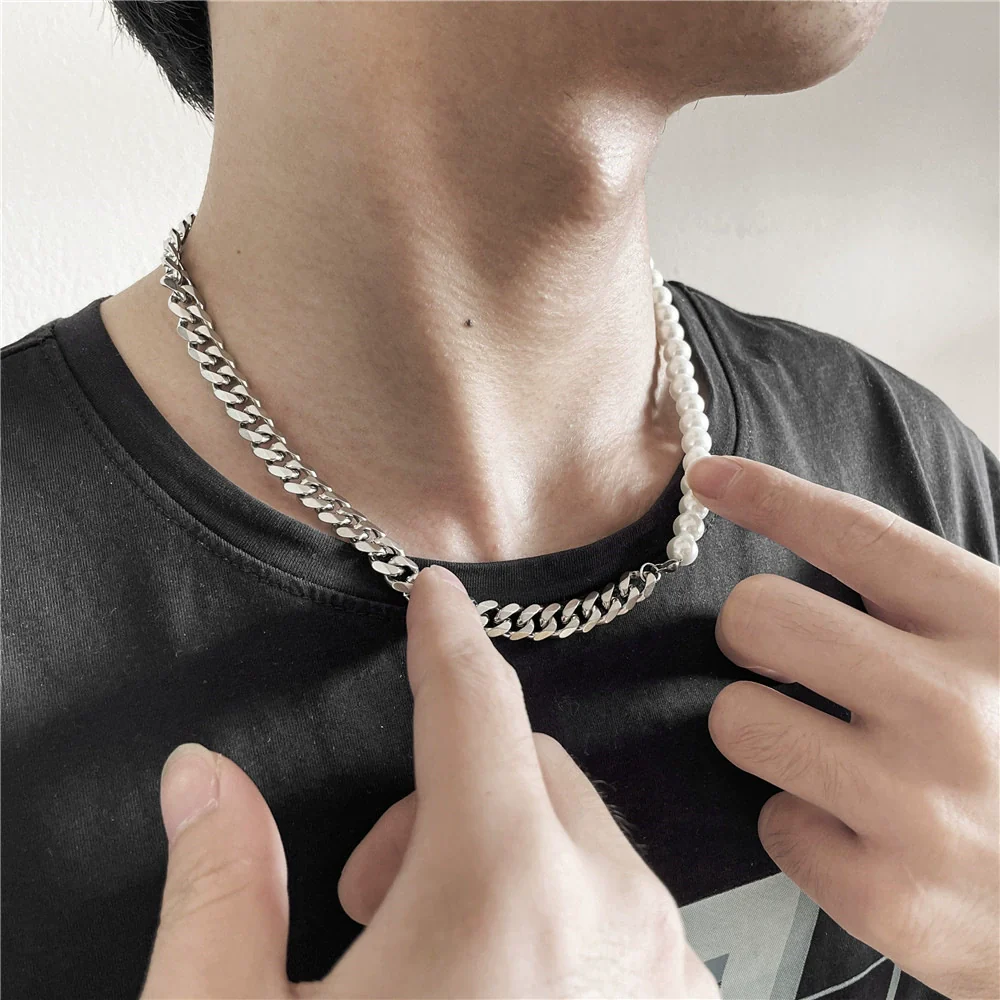 Wholesale Titanium Steel Geometric Pattern Cuban Chain And Pearl Chain Necklace For Men And Women - Image 2