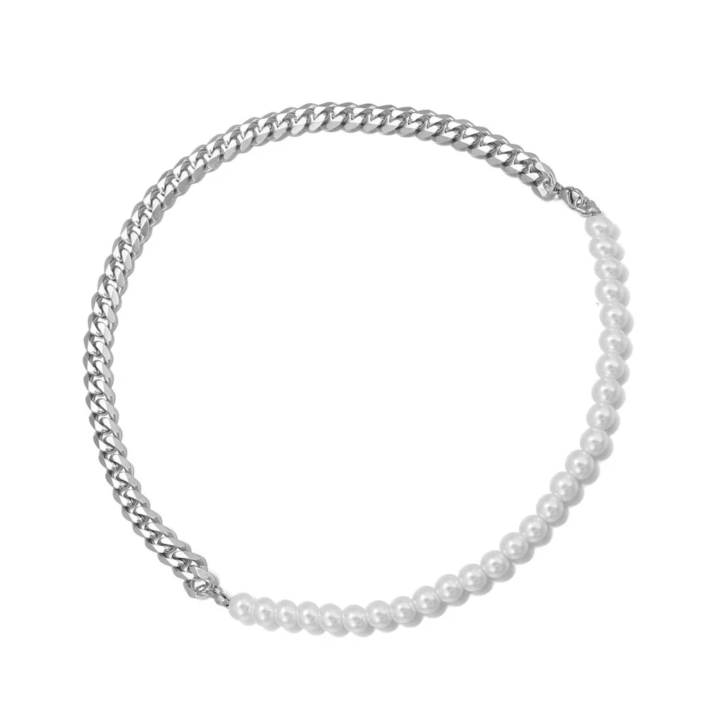 Wholesale Titanium Steel Geometric Pattern Cuban Chain And Pearl Chain Necklace For Men And Women - Image 5
