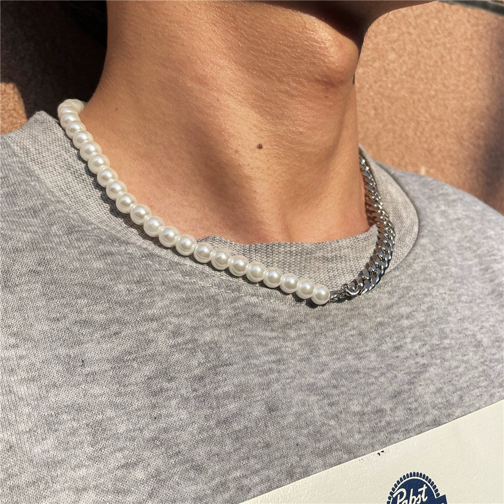 Wholesale Titanium Steel Geometric Pattern Cuban Chain And Pearl Chain Necklace For Men And Women - Image 6