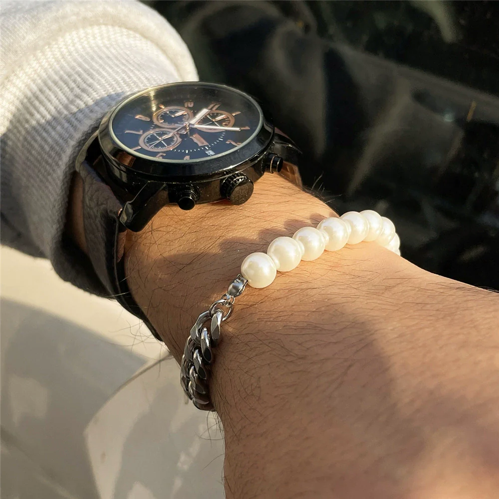 Wholesale Titanium Steel Geometric Pattern Cuban Chain And Pearl Chain Necklace For Men And Women - Image 8
