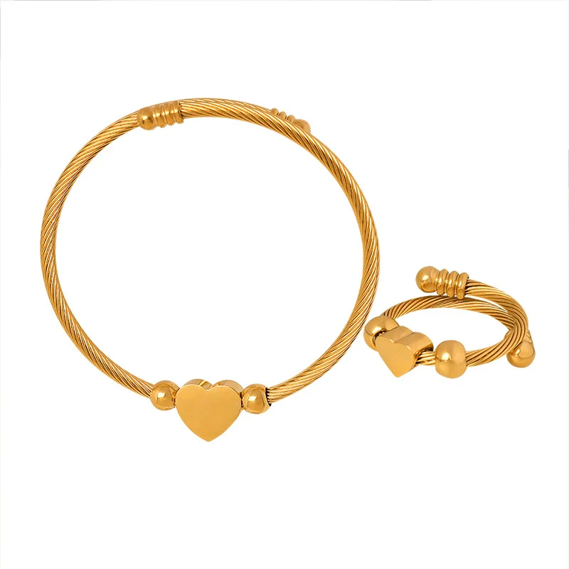 Wholesale Titanium Steel Goldplated Love Shape Jewelry Set Including Adjustable Coil Bracelet And Trendy Ring - Image 5
