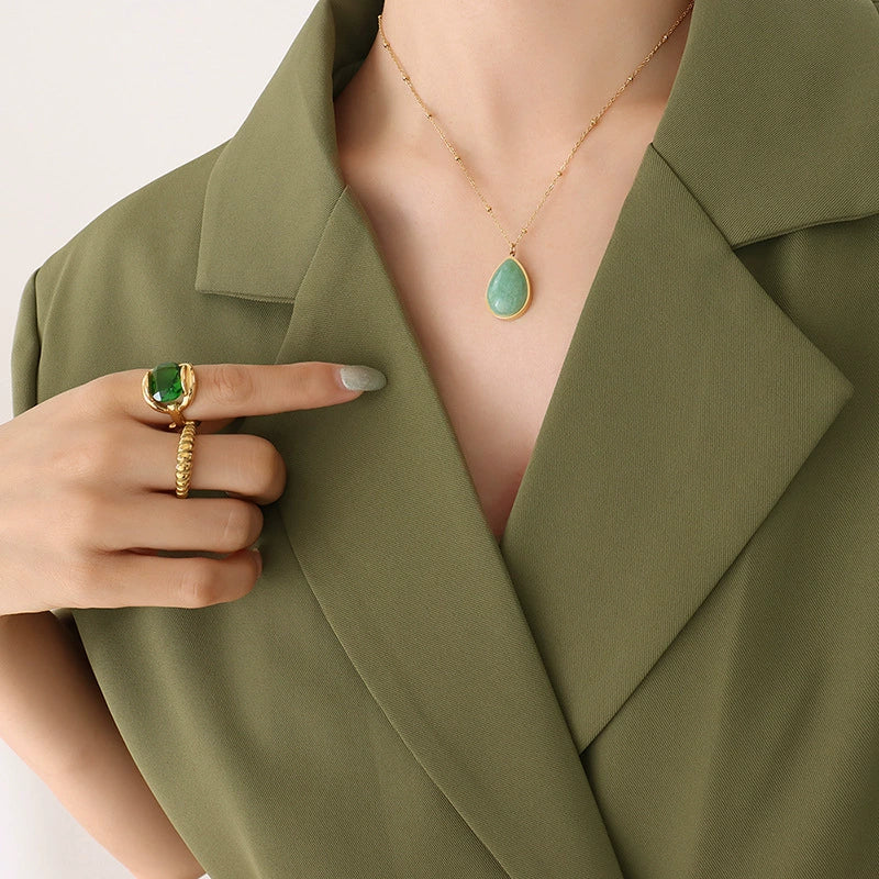 Wholesale Titanium Steel Goldplated Necklace With Polished Underwater Shape Oval Pendant Of Mixed Gem Inlay - Image 3