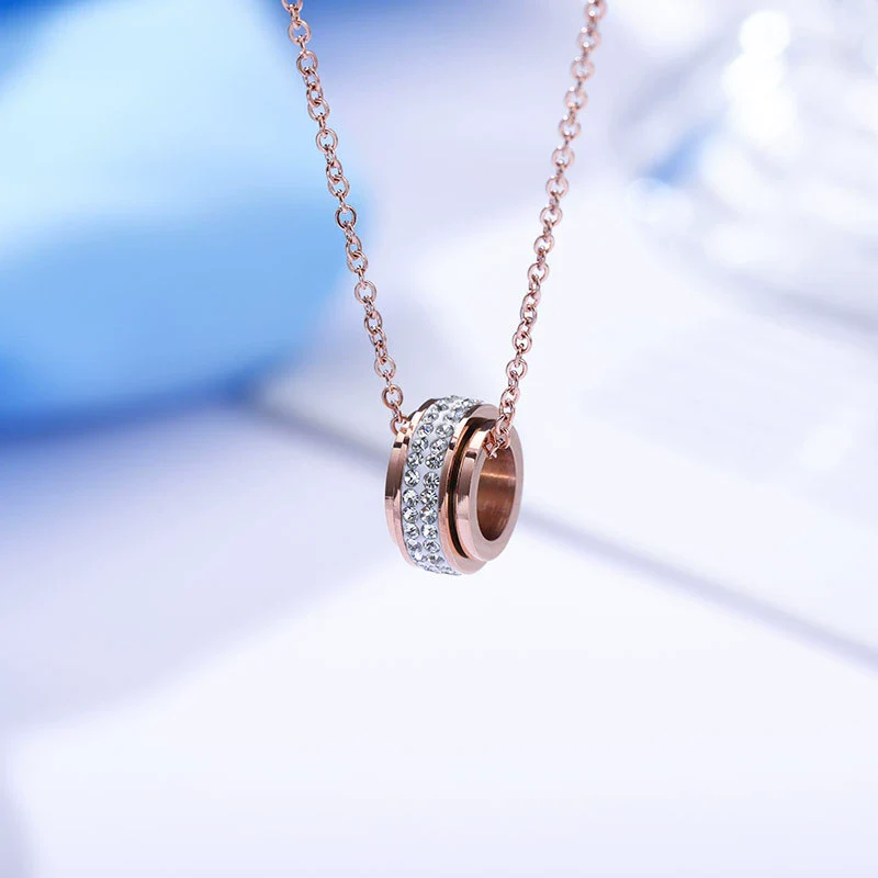 Wholesale Titanium Steel Necklace With Diamond Encrusted Geometric Style Rotating Rose Gold Drill Cross Chain Design - Image 2