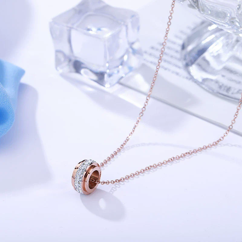 Wholesale Titanium Steel Necklace With Diamond Encrusted Geometric Style Rotating Rose Gold Drill Cross Chain Design - Image 4