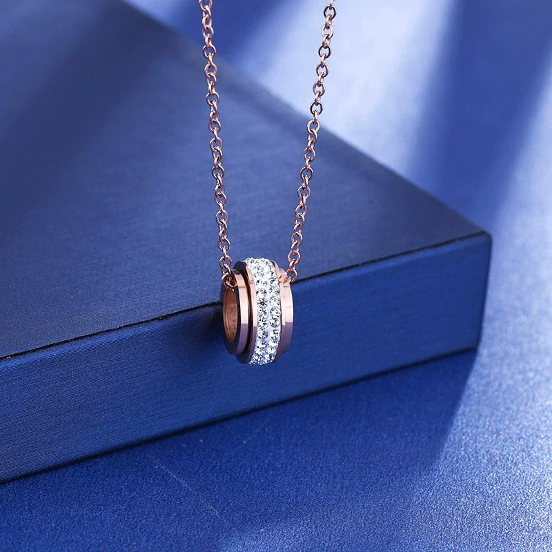Wholesale Titanium Steel Necklace With Diamond Encrusted Geometric Style Rotating Rose Gold Drill Cross Chain Design - Image 6
