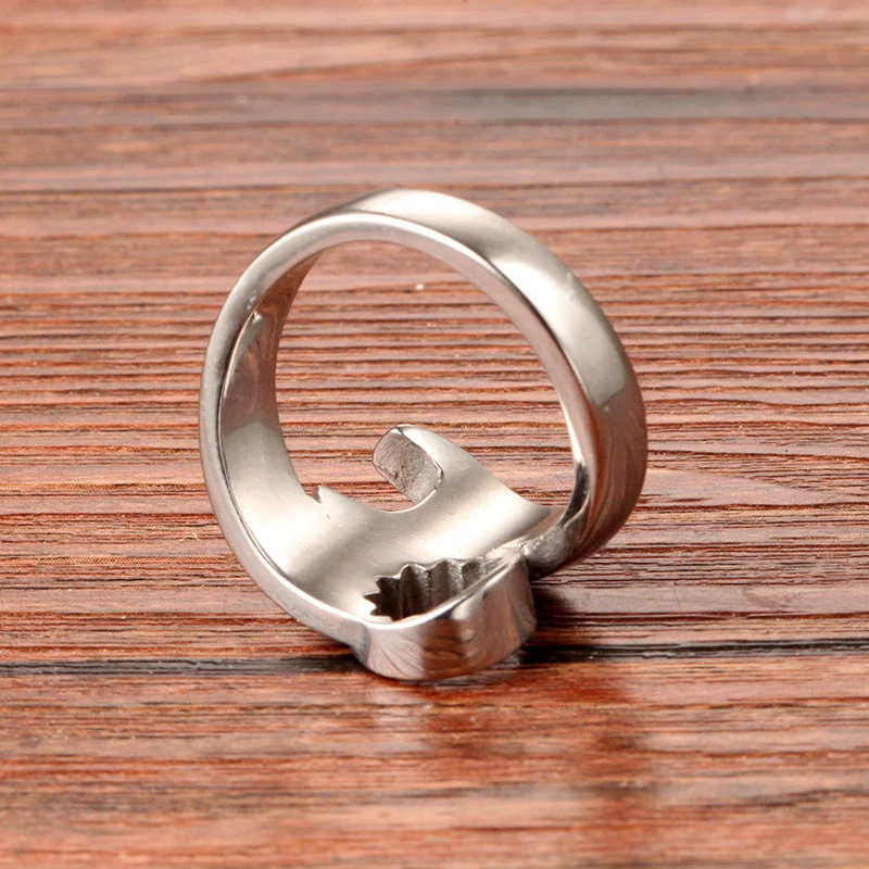 Wholesale Titanium Steel Open Ring Geometric Men's Personality Motorcycle Wrench Ring Electroplated - Image 3