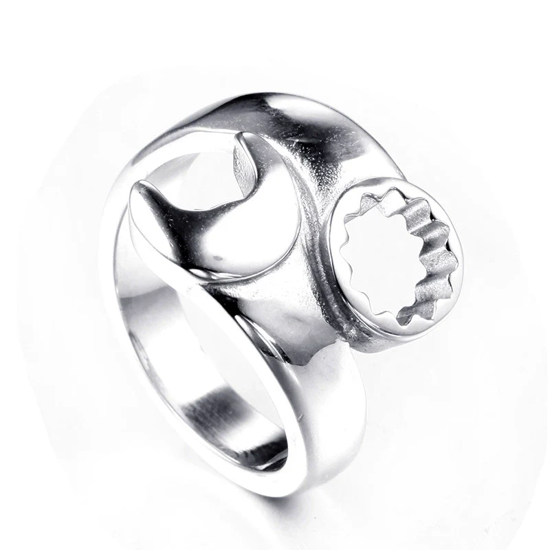 Wholesale Titanium Steel Open Ring Geometric Men's Personality Motorcycle Wrench Ring Electroplated - Image 6