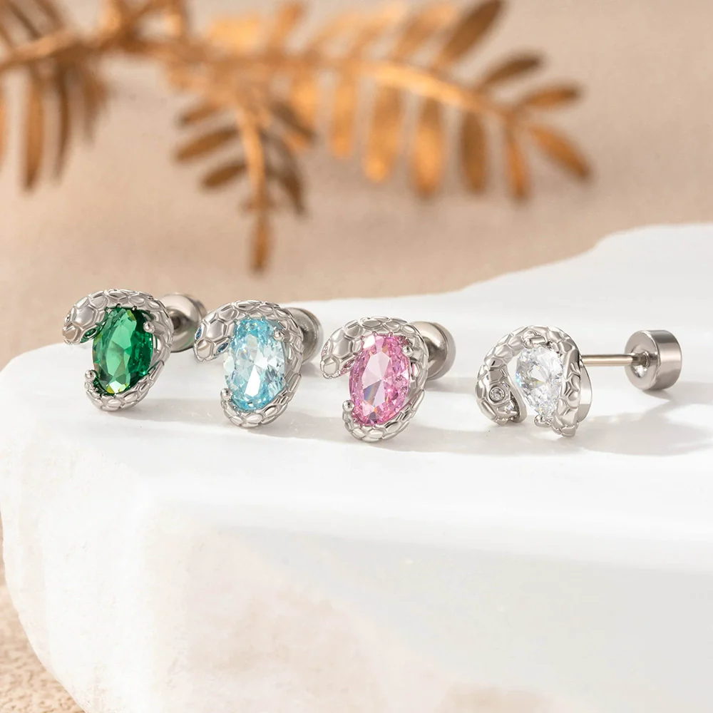 Wholesale Titanium Steel Punk Style Snake Oval Zircon Inlaid Ear Nail - Image 2