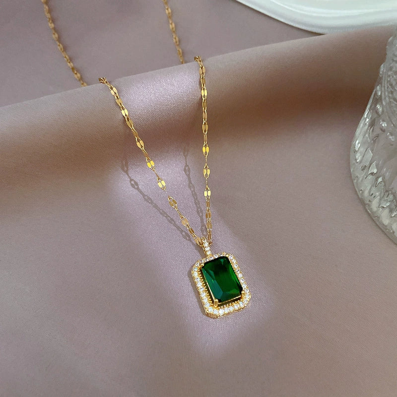Wholesale Titanium Steel Square Emerald Necklace With Diamond Microinlaid And Copper Plated Gold Pendant Geometric Style For Women - Image 5
