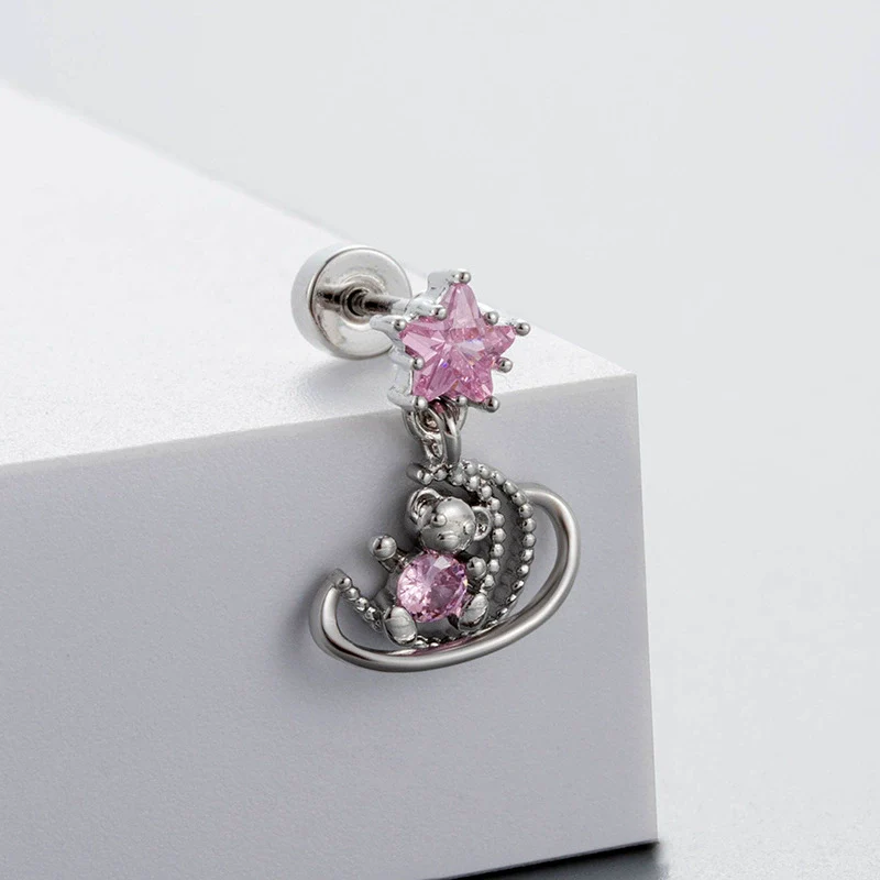 Wholesale Titanium Steel Women's Fairy Style Ear Nail With Pink Zircon And Heart Fivepointed Star Love Bear Shapes - Image 7