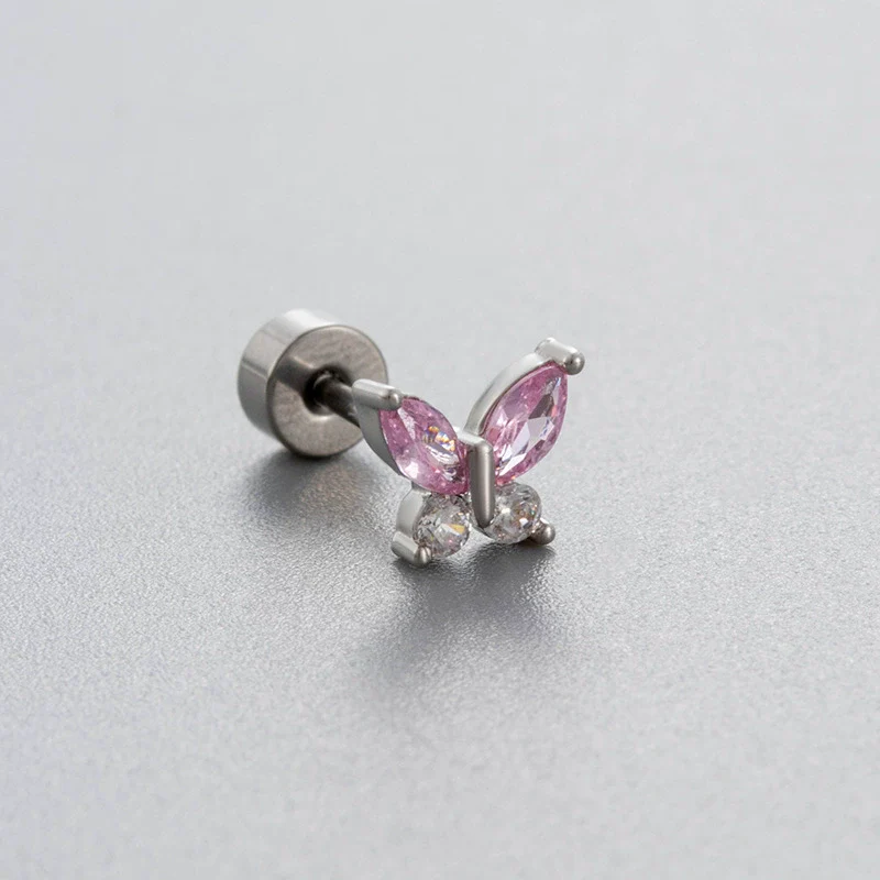 Wholesale Titanium Steel Women's Heart Shape Pink Zircon Butterfly Screw Ear Nail With Fairy Style - Image 4