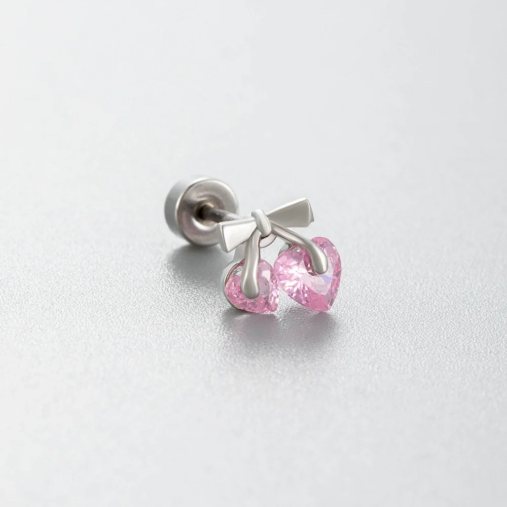 Wholesale Titanium Steel Women's Pink Cherry Shaped Ear Studs Inlaid With Zircon Princess Style - Image 6