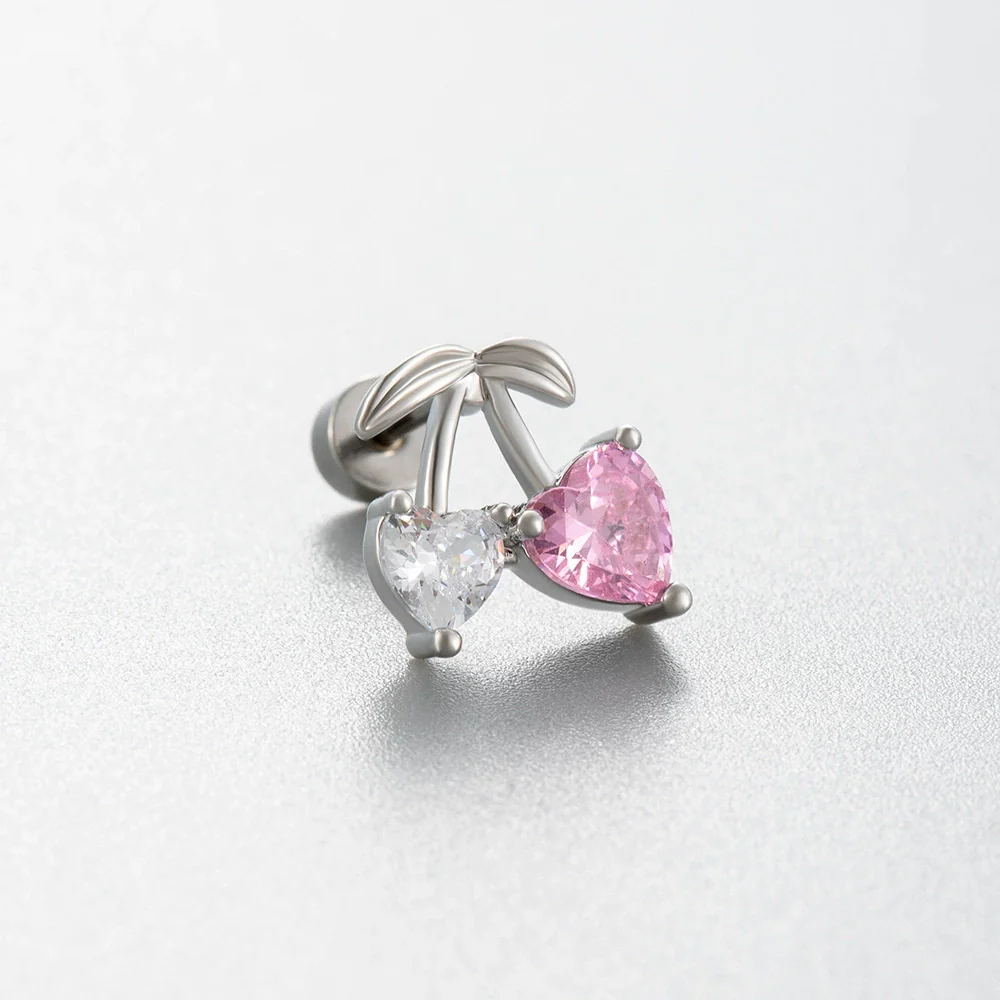 Wholesale Titanium Steel Women's Pink Cherry Shaped Ear Studs Inlaid With Zircon Princess Style - Image 9