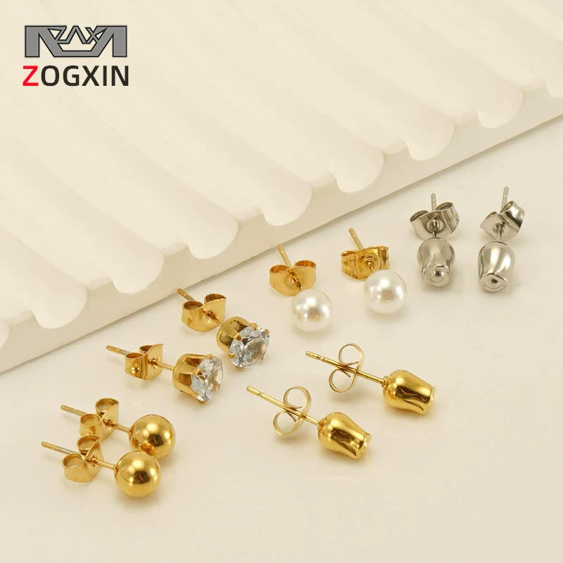 Wholesale 316L Stainless Steel Women's Simple Geometric Design Electroplated Earrings With Steel Beads And Rose Pearl