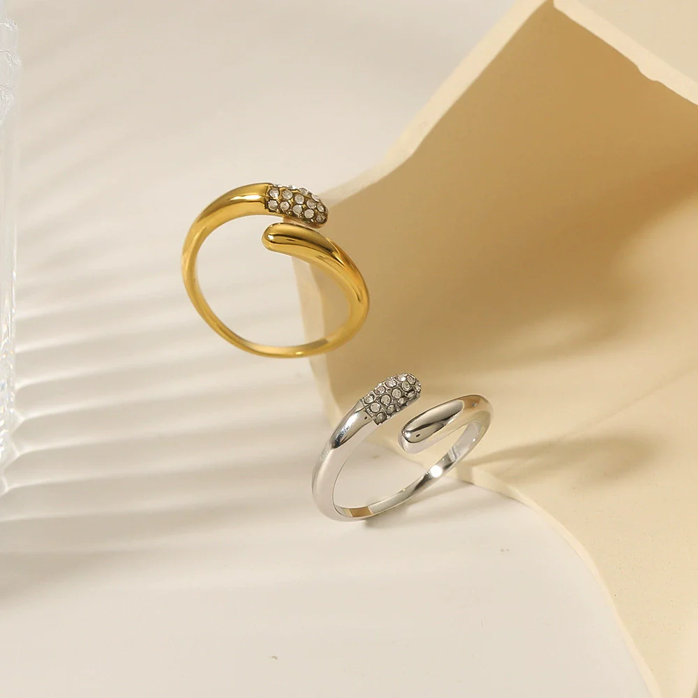 Wholesale Trendy Couple 18K Gold Plated Stainless Steel Geometric Hug Ring With Inlaid Zircon For Women - Image 4