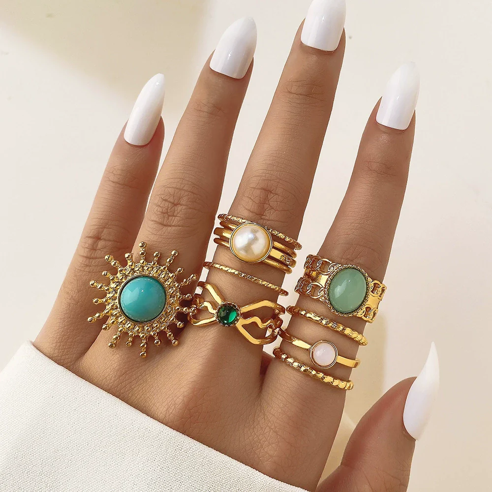 Wholesale Turquoise Retro Geometric Inlay Ladies Ring - Image 8