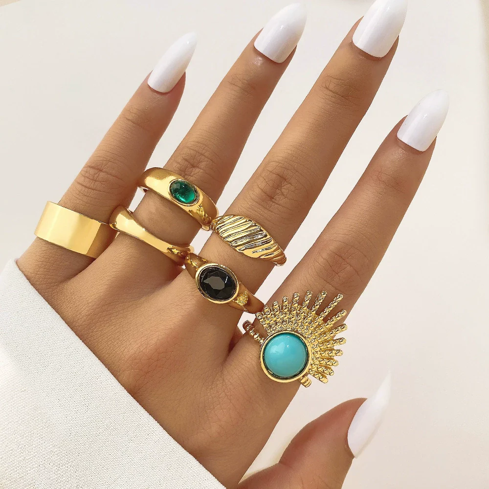 Wholesale Turquoise Retro Geometric Inlay Ladies Ring - Image 9