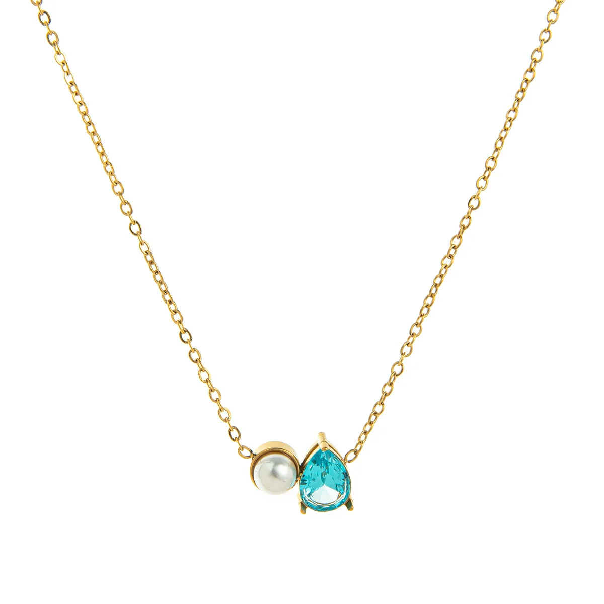 Wholesale Unisex Ancient Geometric Style Electroplated Stainless Steel Water Drop Pearl Zircon Pendant Ochain Necklace - Image 8