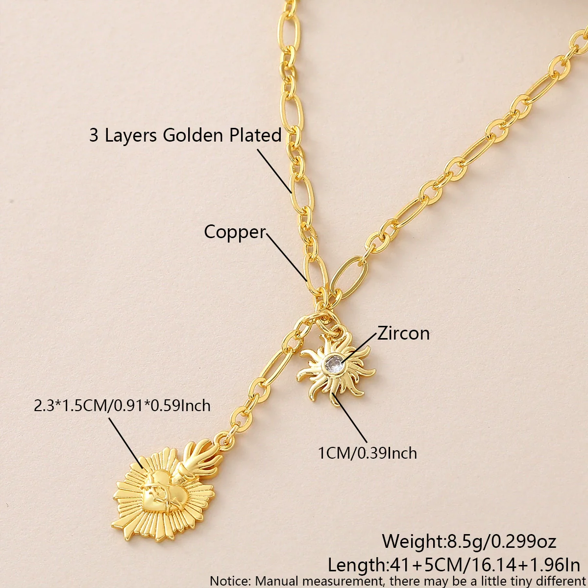 Wholesale Unisex Copper Real Gold Plated Holy Heart Pendant Necklace And Paperclip Bracelet Jewelry Set - Image 6