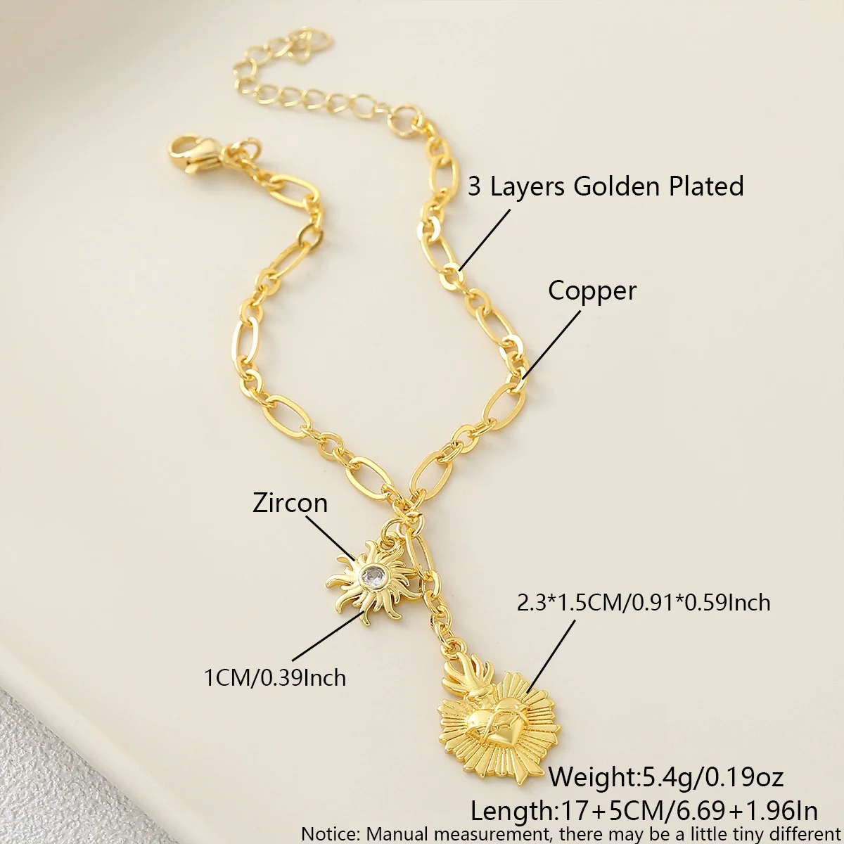 Wholesale Unisex Copper Real Gold Plated Holy Heart Pendant Necklace And Paperclip Bracelet Jewelry Set - Image 7