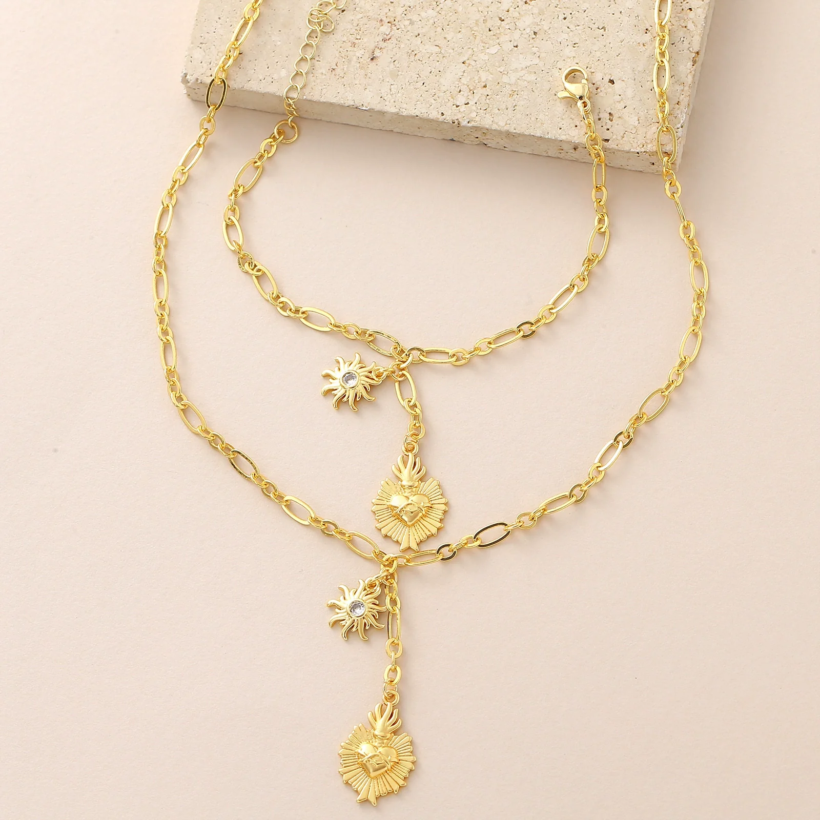 Wholesale Unisex Copper Real Gold Plated Holy Heart Pendant Necklace And Paperclip Bracelet Jewelry Set - Image 8