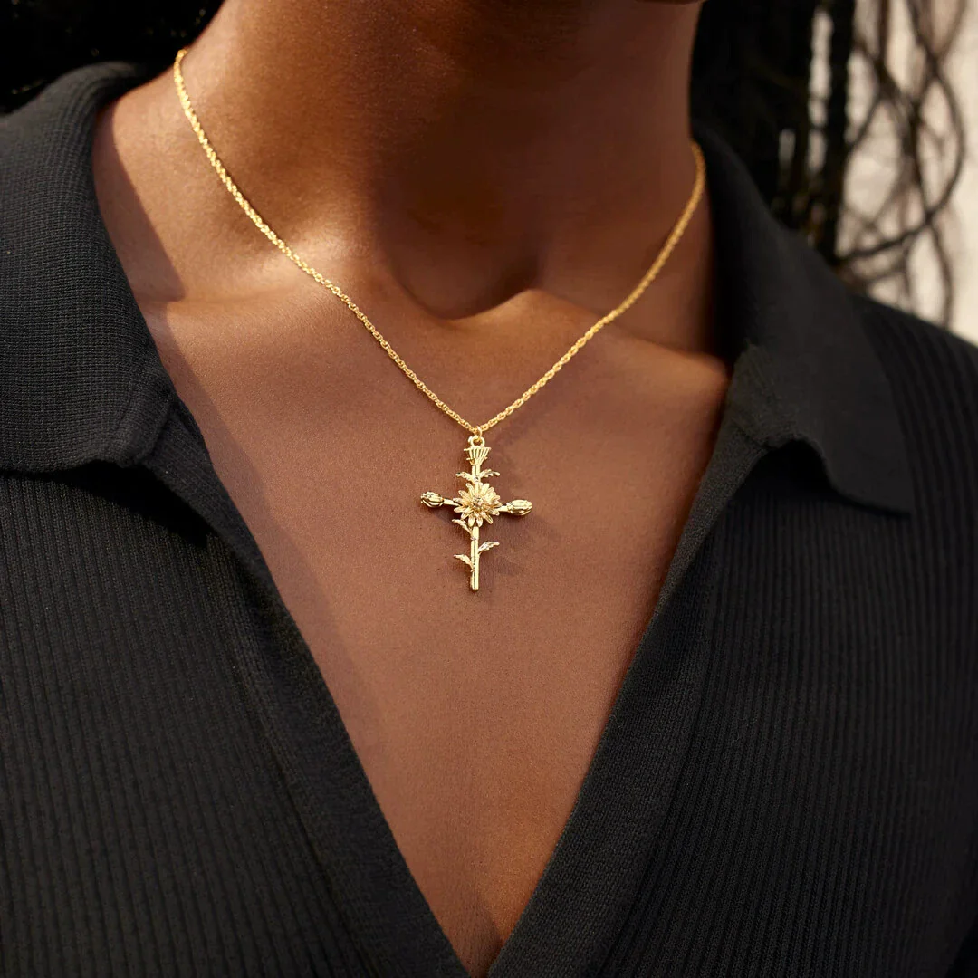 Wholesale Unisex Cross Birth Flower Necklace With Ochain Copper And Titanium Steel Electroplated - Image 2