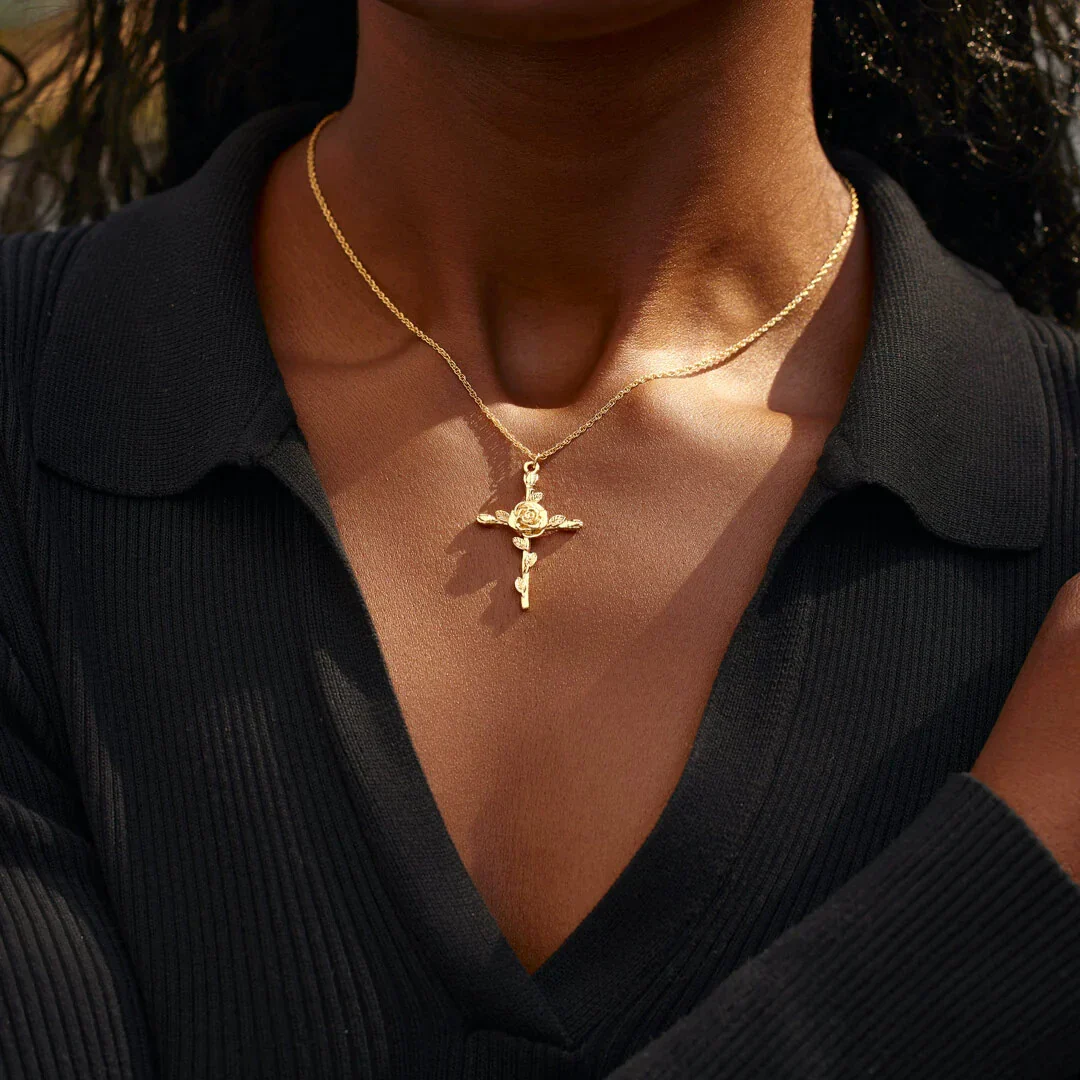 Wholesale Unisex Cross Birth Flower Necklace With Ochain Copper And Titanium Steel Electroplated - Image 3