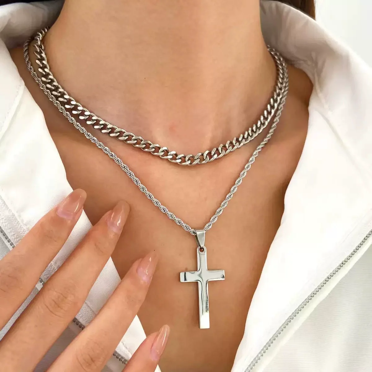 Wholesale Unisex Doublelayer Titanium And Stainless Steel Ushaped Electroplated Cross Hiphop Stacking Style Necklace - Image 2
