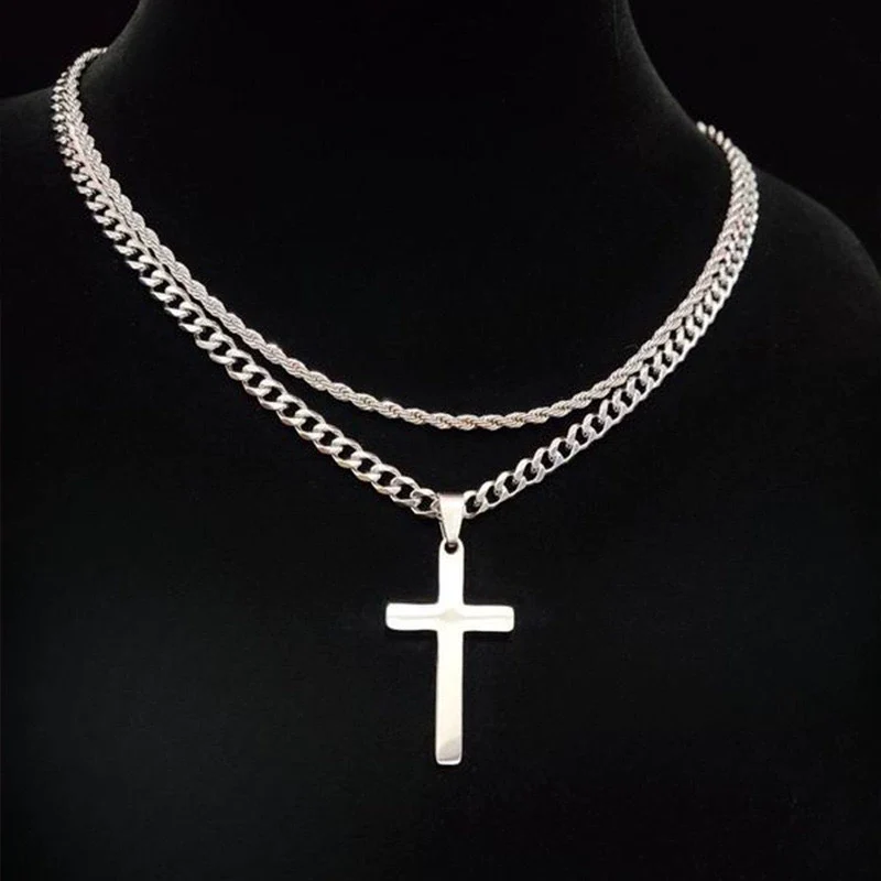 Wholesale Unisex Doublelayer Titanium And Stainless Steel Ushaped Electroplated Cross Hiphop Stacking Style Necklace - Image 3