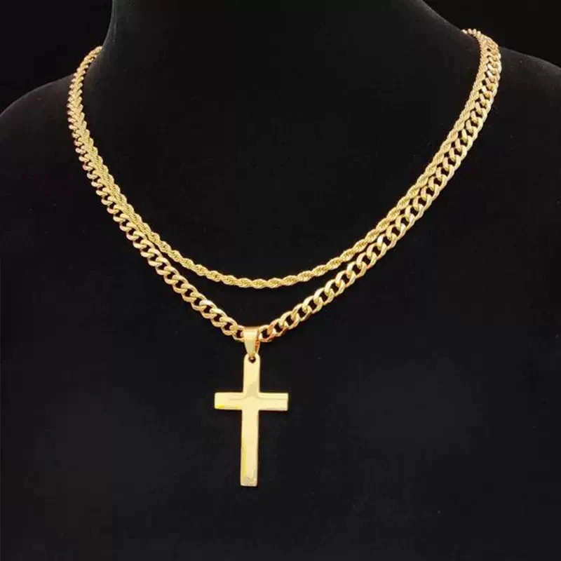 Wholesale Unisex Doublelayer Titanium And Stainless Steel Ushaped Electroplated Cross Hiphop Stacking Style Necklace - Image 4