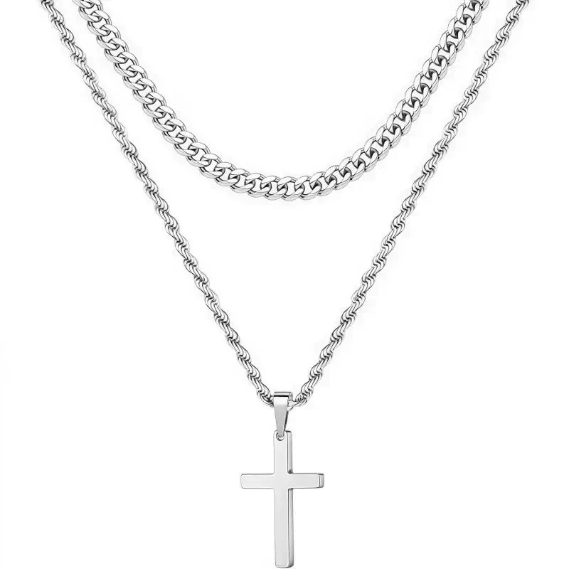 Wholesale Unisex Doublelayer Titanium And Stainless Steel Ushaped Electroplated Cross Hiphop Stacking Style Necklace - Image 5