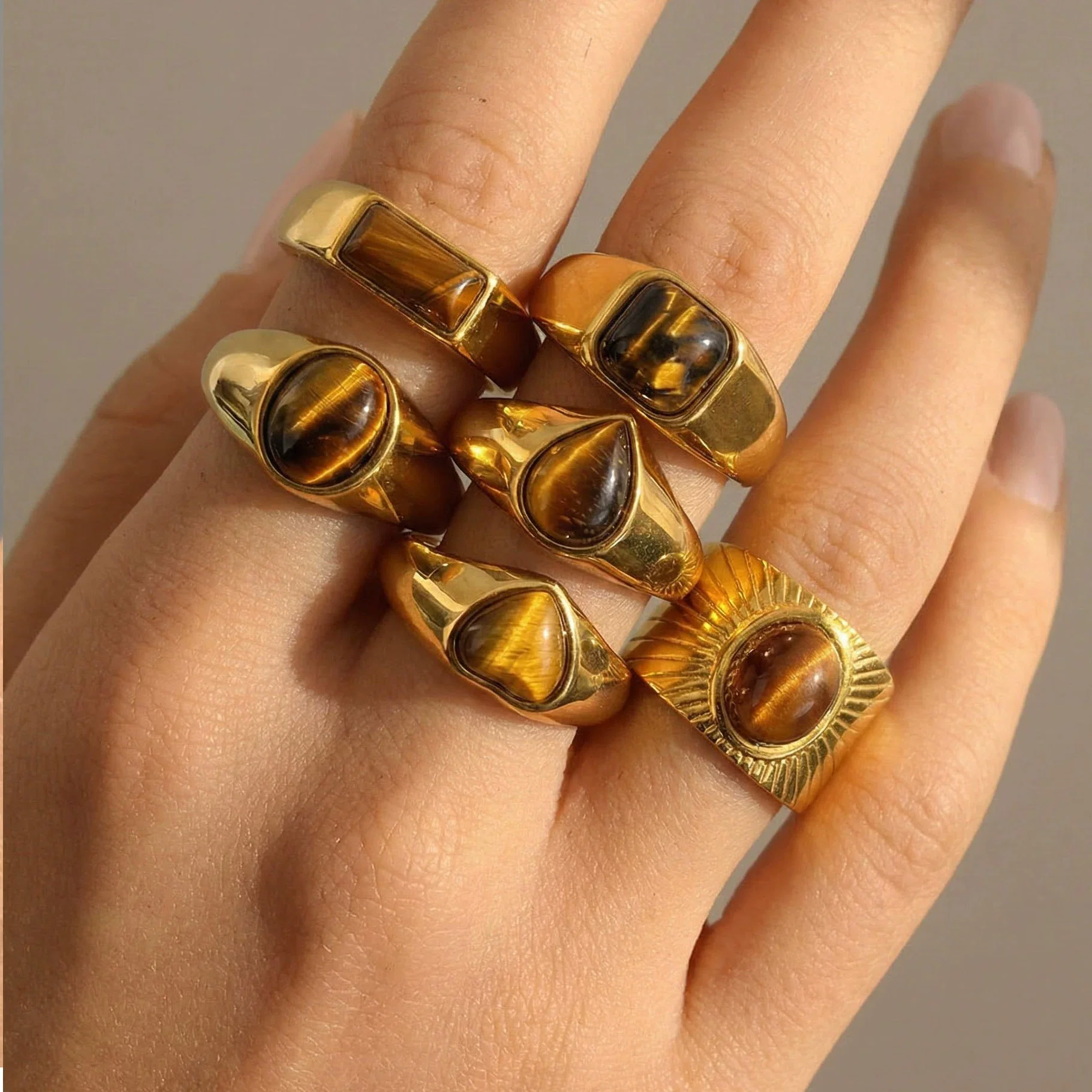 Wholesale Unisex Electroplated Geometric Natural Stone Stainless Steel Ring Hand Jewelry