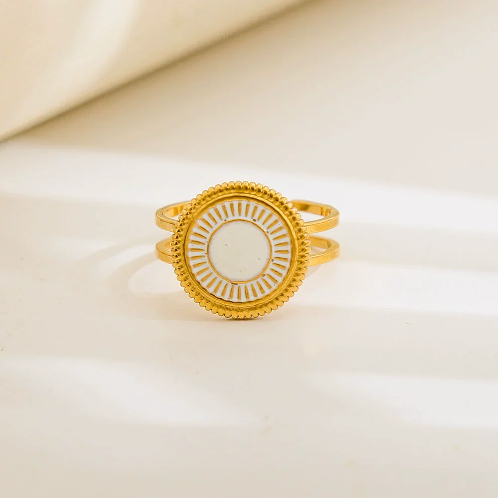Wholesale Unisex Electroplated Titanium Steel And Stainless Steel Geometric Round Enamel Retro Opening Ring - Image 21