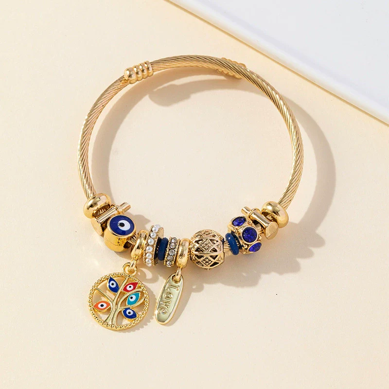 Wholesale Unisex Fashion Geometric Electroplated Stainless Steel Alloy Bracelet With Devil's Eye And Tree Of Life Pendant - Image 3