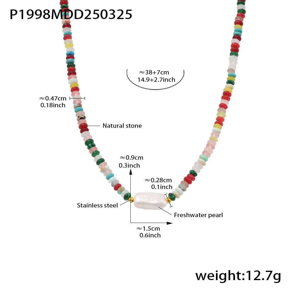 Wholesale Unisex Ferris Wheel Colorful Natural Stone Beaded Necklace With Freshwater Rice Pearl Simple Geometric Titanium Steel Electroplated Clavicle Chain - Image 6