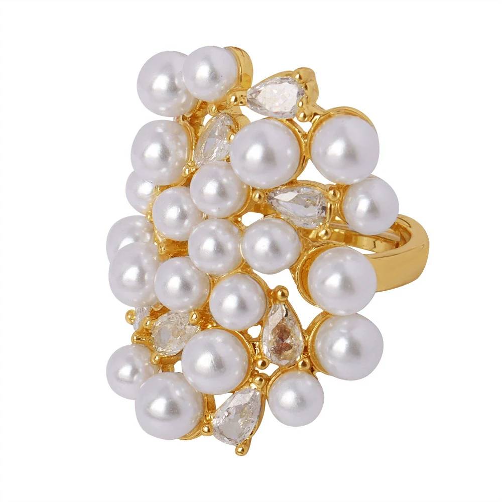 Wholesale Unisex Geometric Asymmetric Design Inlaid Zircon Imitation Pearl Titanium Steel Electroplated Ring - Image 5