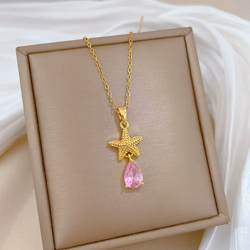Wholesale Unisex Geometric Cartoon Minimalist Stainless Steel And Copper Diamond Necklace With Water Drop And Sea Star Design - Image 3