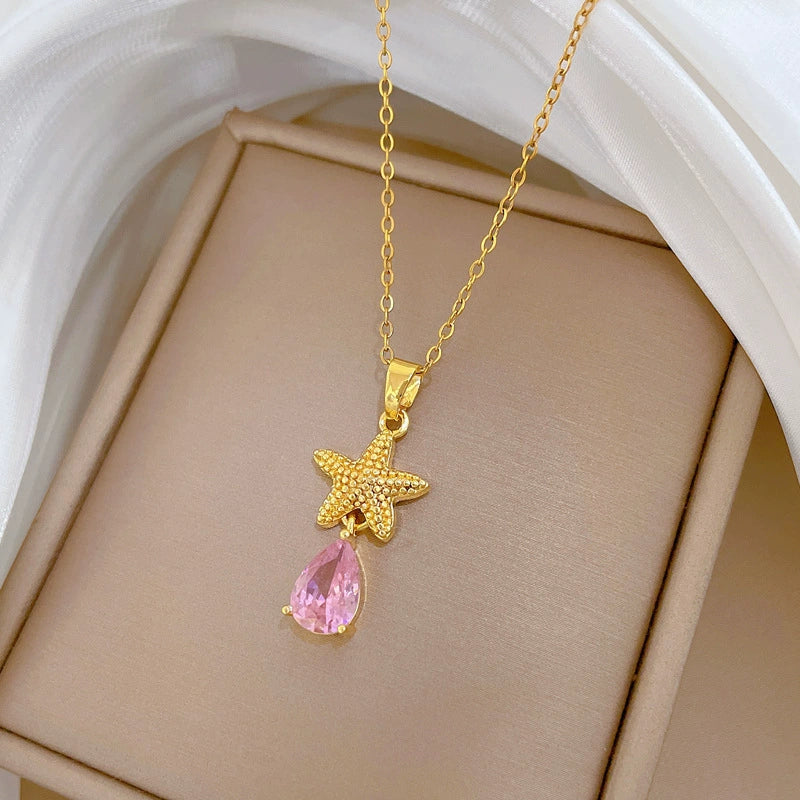 Wholesale Unisex Geometric Cartoon Minimalist Stainless Steel And Copper Diamond Necklace With Water Drop And Sea Star Design - Image 4