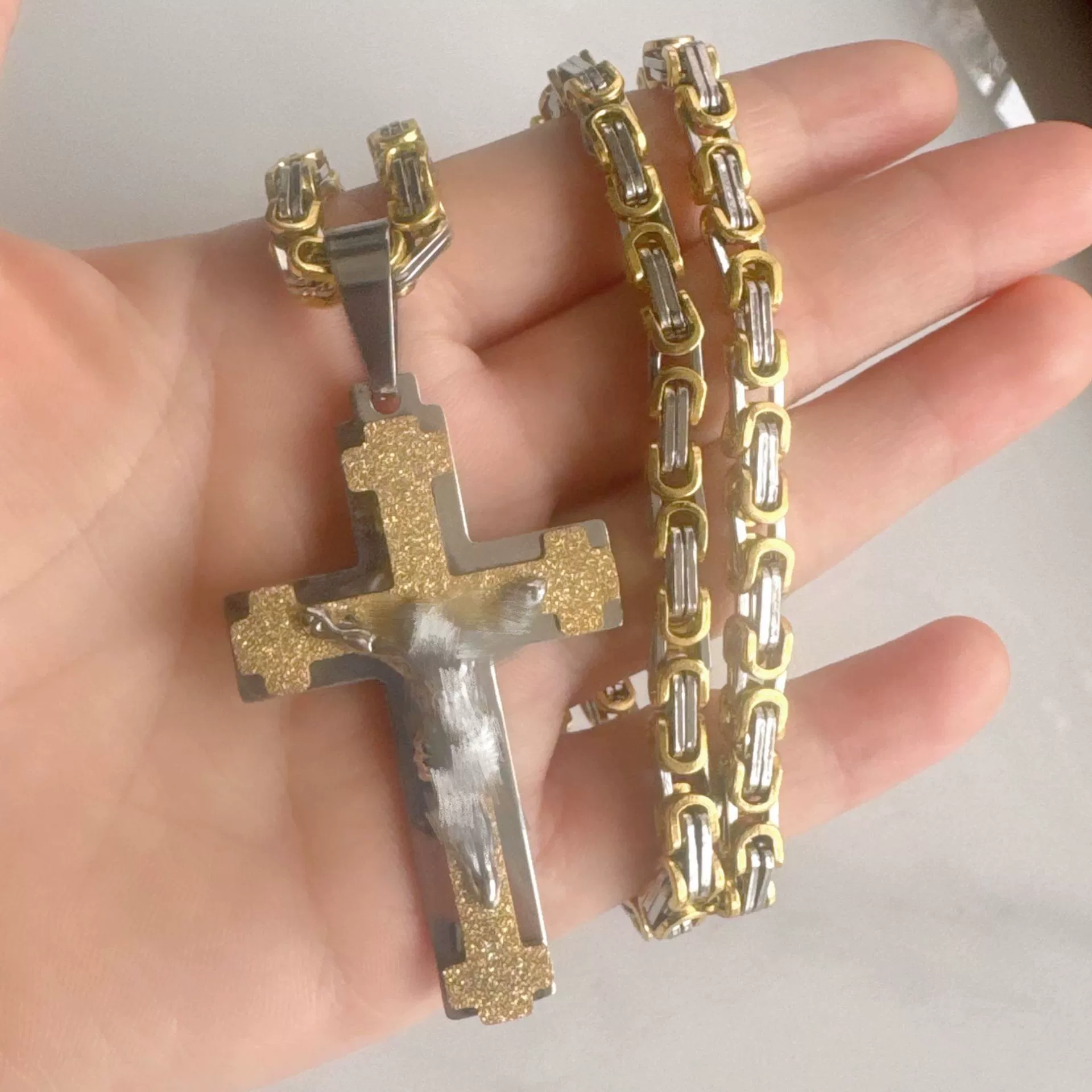 Wholesale Unisex Geometric Embossed Frosted Cross Pendant Titanium Steel Electroplated Necklace With String Of Pearls Chain - Image 10