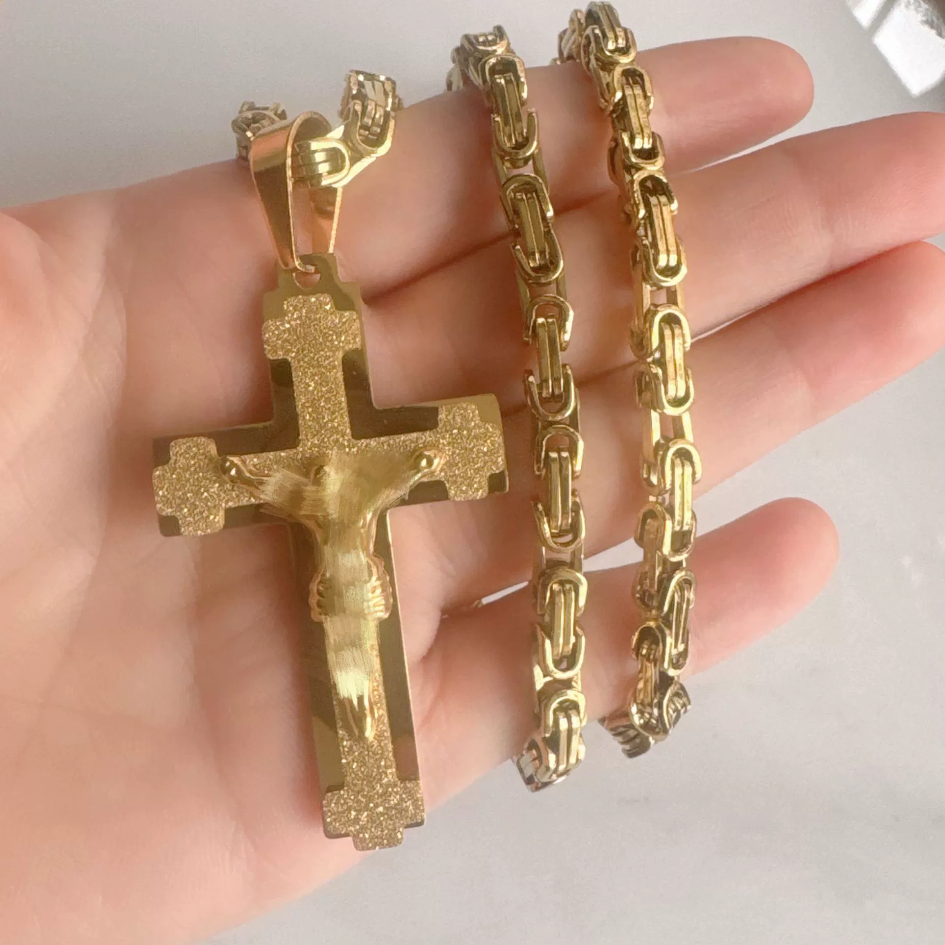 Wholesale Unisex Geometric Embossed Frosted Cross Pendant Titanium Steel Electroplated Necklace With String Of Pearls Chain - Image 4